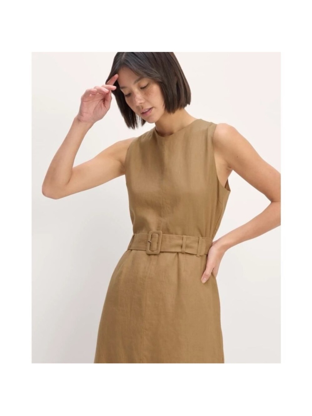 Everlane Sleeveless Midi Dress in Camel Brown with Waist Tie